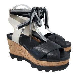 SOREL Joanie II High Ankle Lace Wedge Sandals 7.5 Black Cork Sporty Gladiator‎